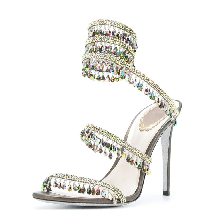 Open Toe Ankle Wrap Stiletto Spiral Heels