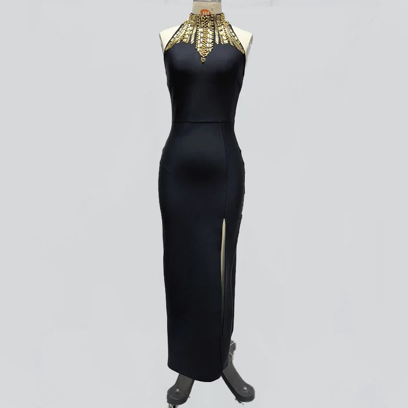 Black Gold Diamond Bandage Long Dress