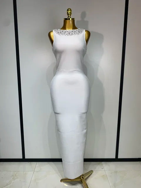 Backless Sleeveless Diamonds Pearl Bandage Dress