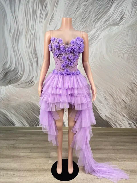 Strapless Flowers Pearl Mesh Asymmetric Bodysuit Dress