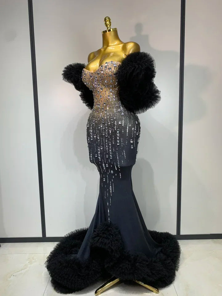 Off Shoulder Sparkly Rhinestone Maxi Long Dress