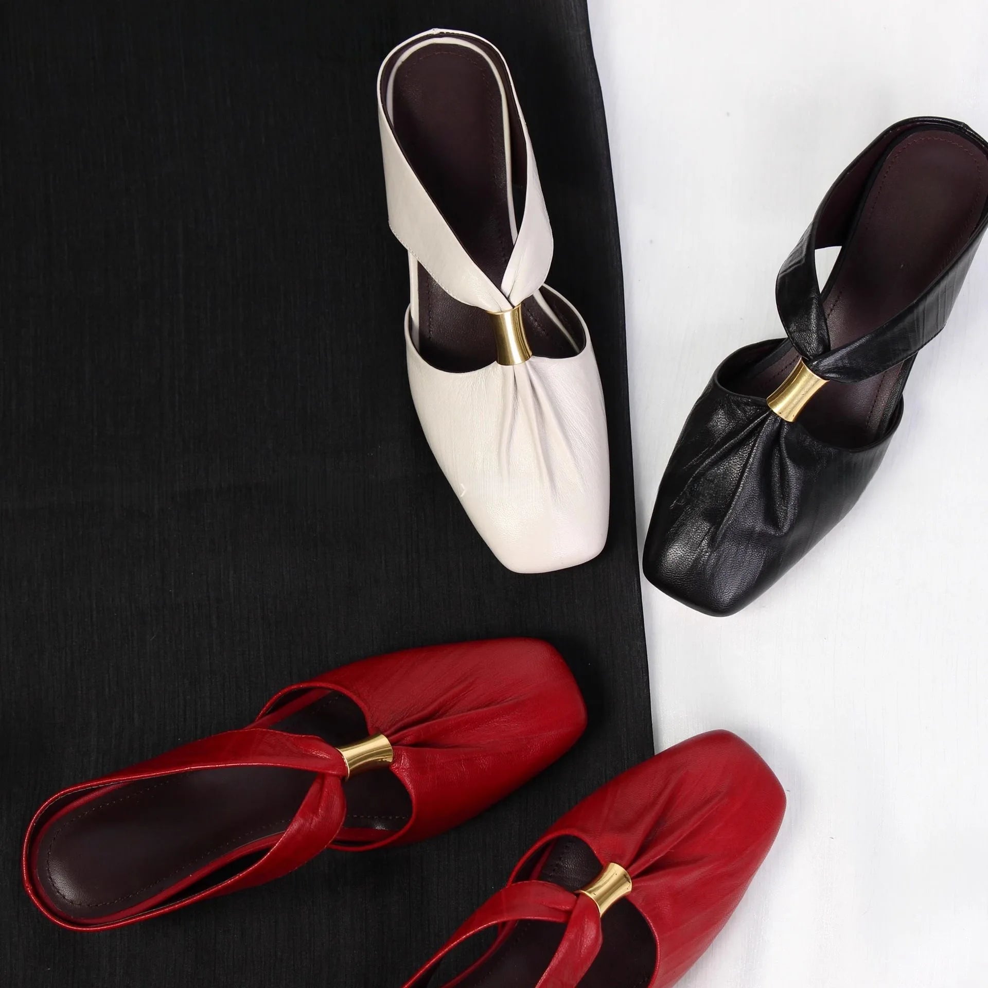 Square Toe Leather Mules Metal Buckle Backless Slipper Sandals