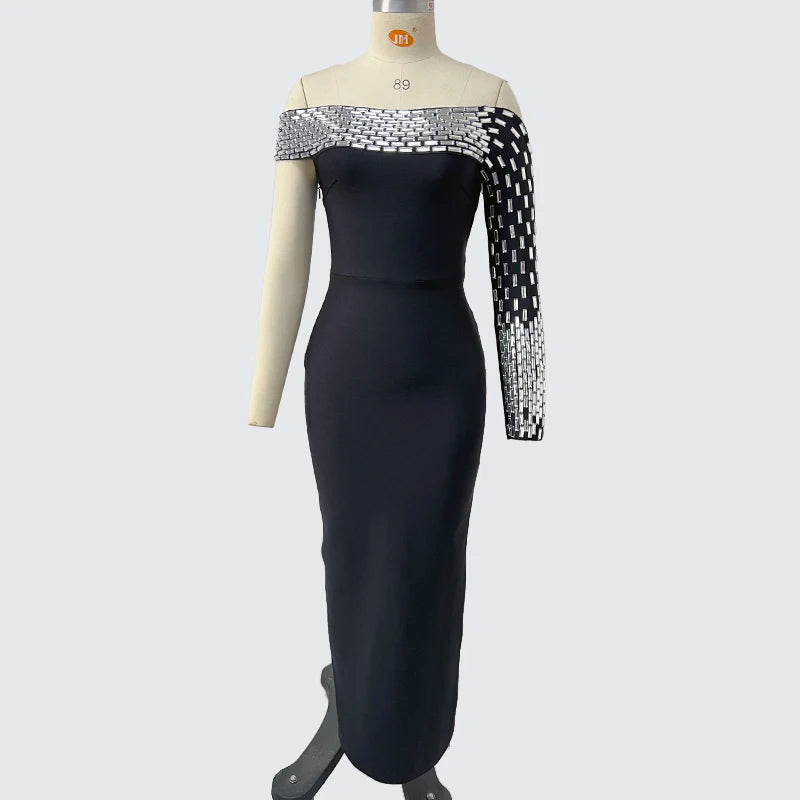 Sexy One Shoulder Crystal Diamonds Bodycon Party Dress