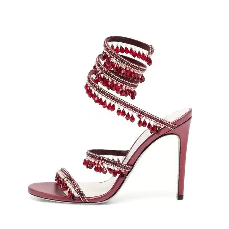 Open Toe Ankle Wrap Stiletto Spiral Heels