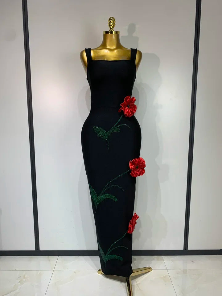 Red Sparkly Diamonds Floral Sleeveless Long Dress