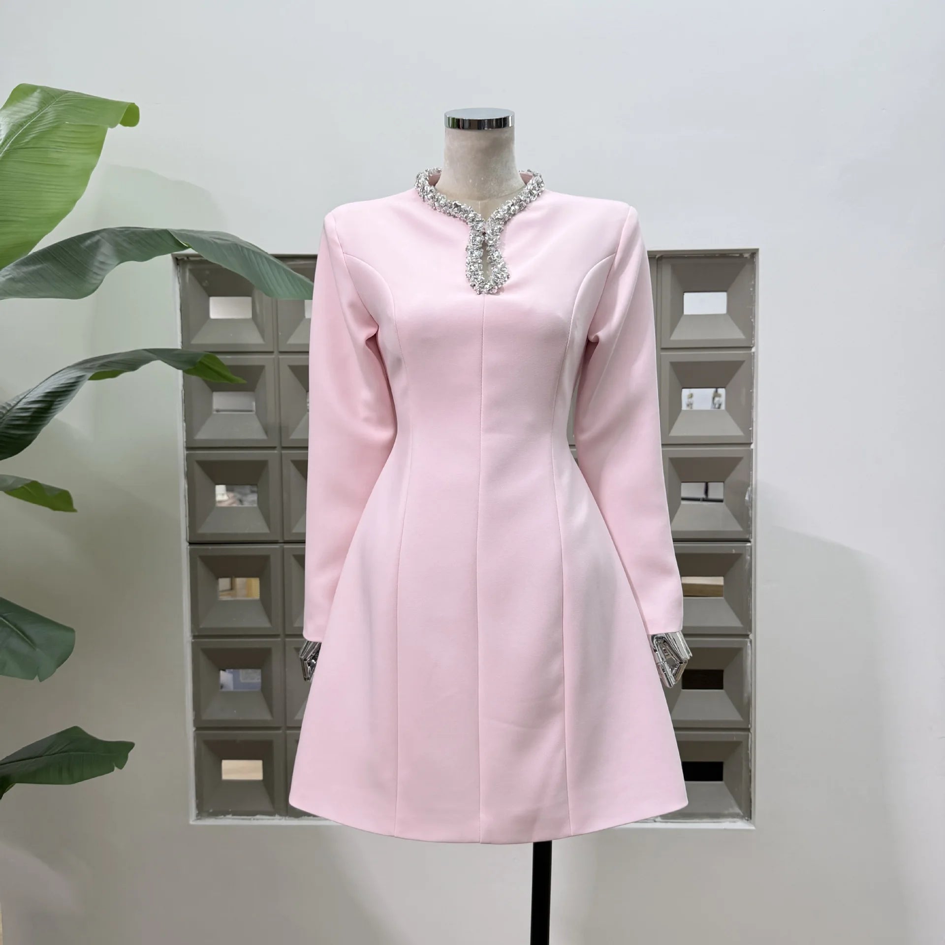 Diamond Square Neck Long Sleeve Slim Fit Dress