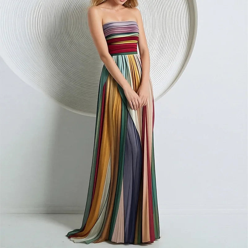 Pleated Printed Long Dress