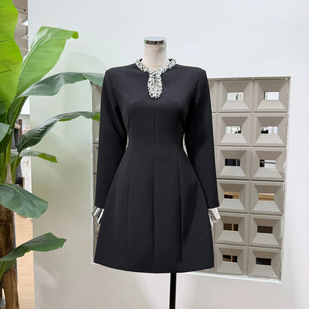 Diamond Square Neck Long Sleeve Slim Fit Dress