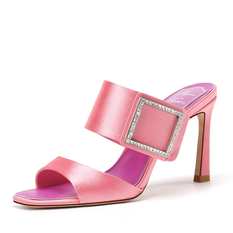 Rhinestone Buckle Slip on Satin High Heel