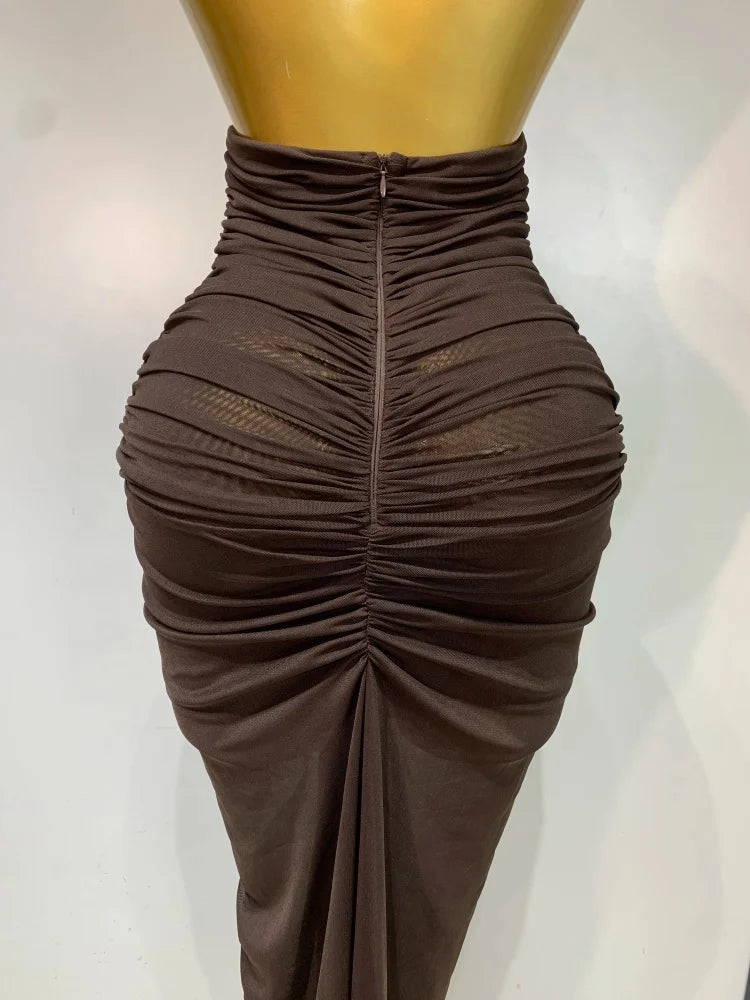 Brown Halter Backless Ruched Long Dress
