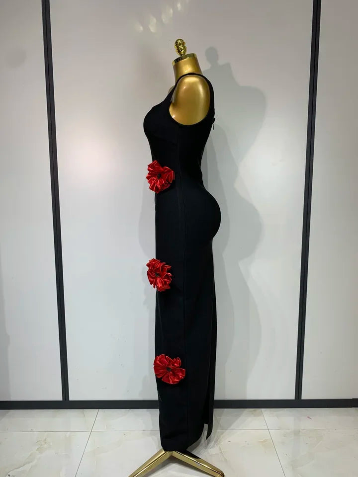 Red Sparkly Diamonds Floral Sleeveless Long Dress