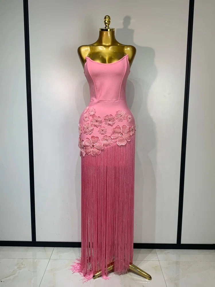 Pink Floral Tassel Bandage Bodycon Dress