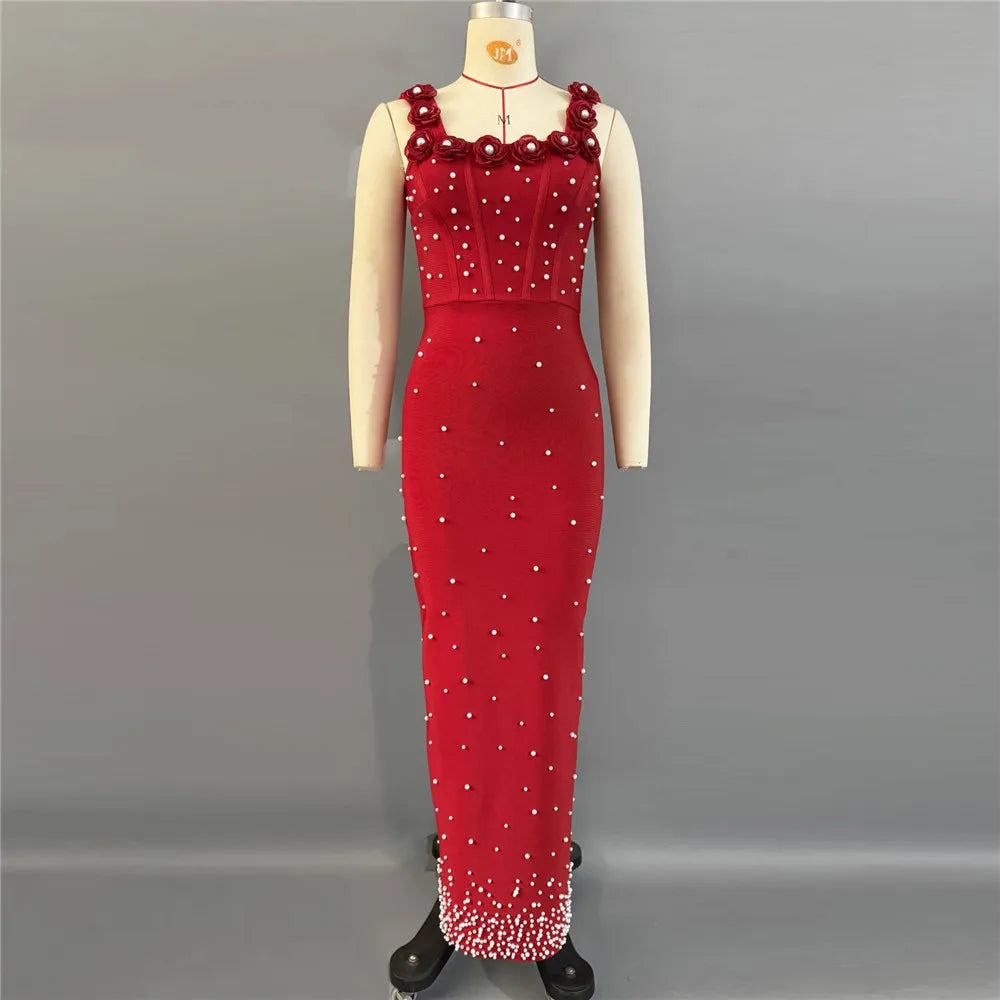 Pearls Embellished  Party Gown Fashion Square Collar Backless  Evening Dress