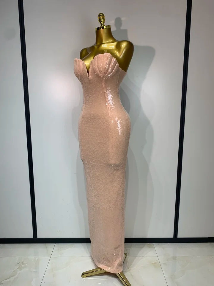 Women Strapless Sequin Bodycon Long Dress