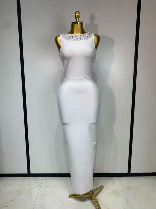 Backless Sleeveless Diamonds Pearl Bandage Dress