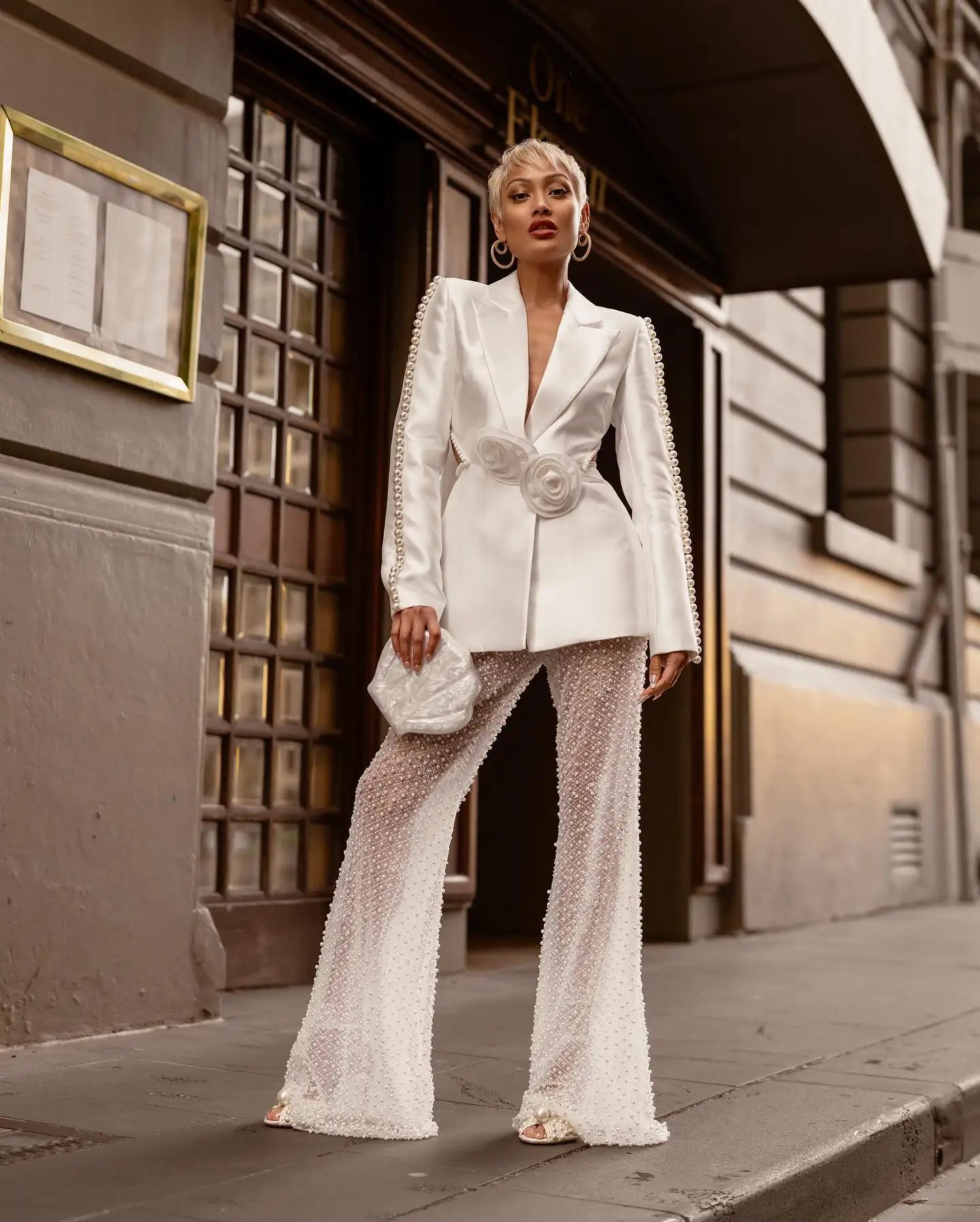 3D Flower Cut-out Blazer Sequin Beading Tuxedo and Trouser Women Suit Set