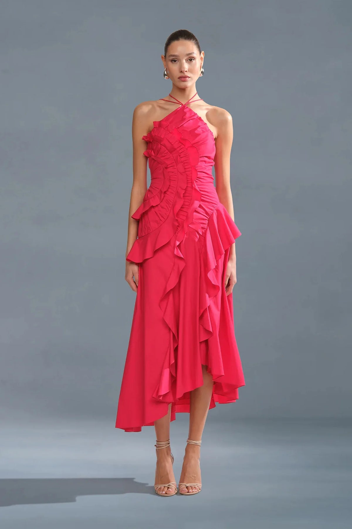 Ruffled Slim Halter Elegant Long Dress