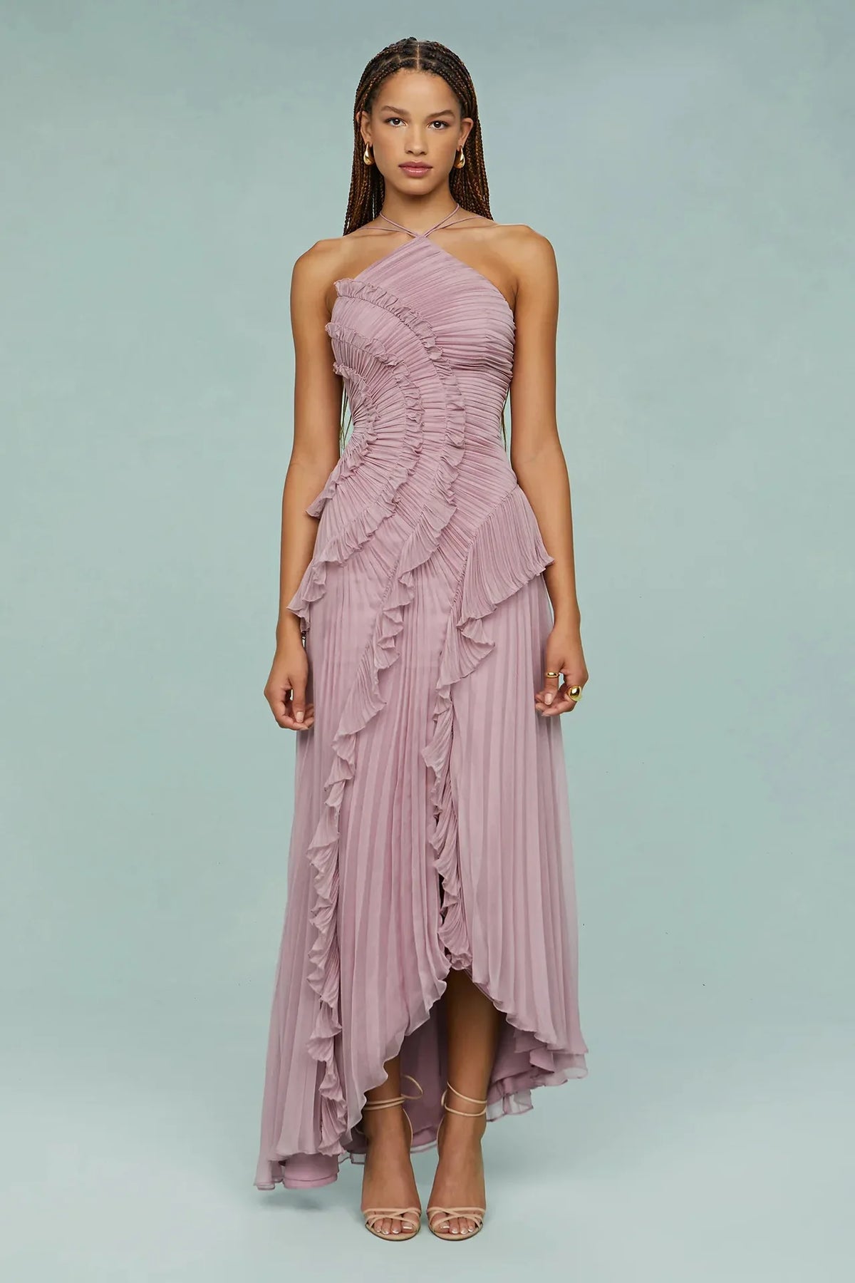 Ruffled Slim Halter Elegant Long Dress