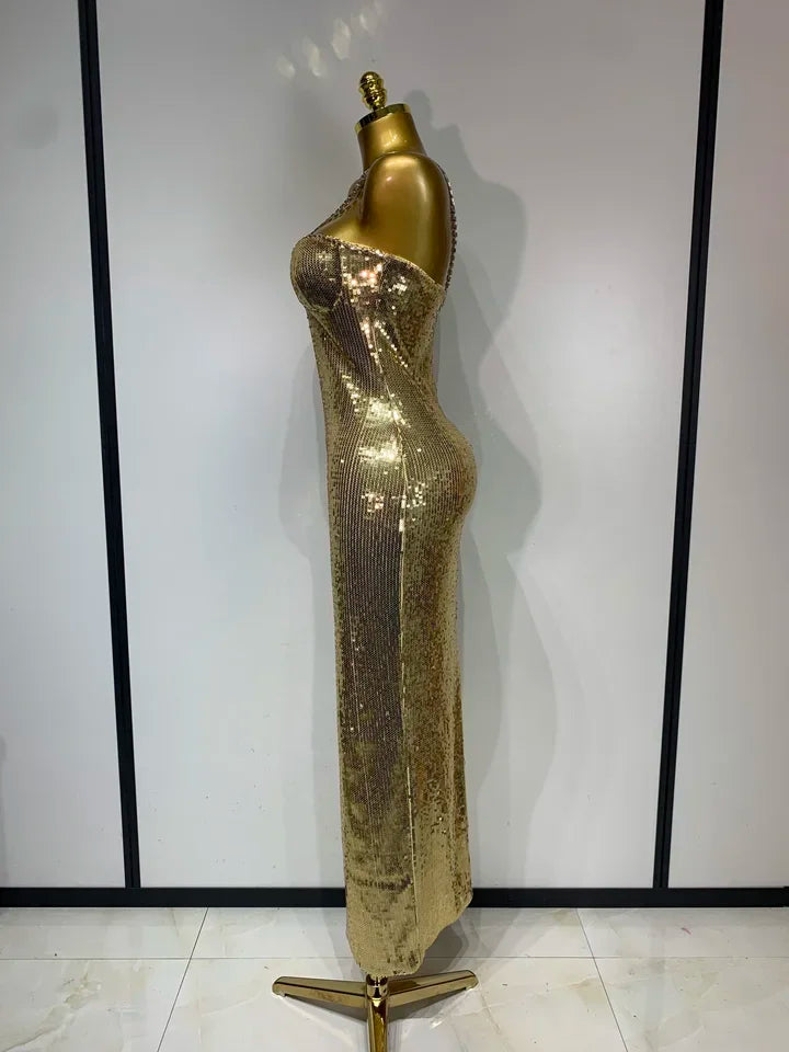 Backless Silver Gold Glitter Sequins Maxi Long Dress Sexy