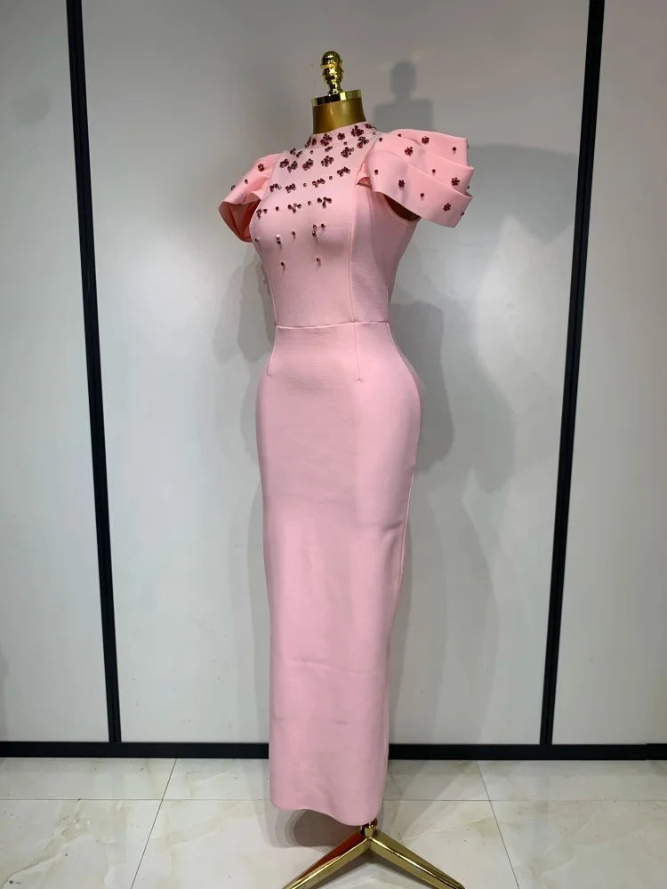 Ruffle Sleeve Beading Bandage Bodycon Long Dress