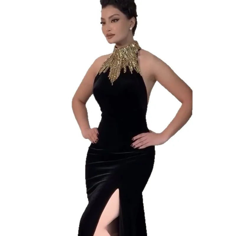 Black Gold Diamond Bandage Long Dress