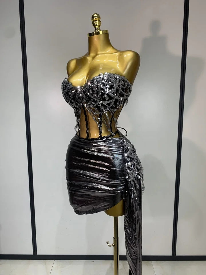 Sparkly Sequins Two Piece Set Nightclub Bar Evening Party Luxury Birthday Dress