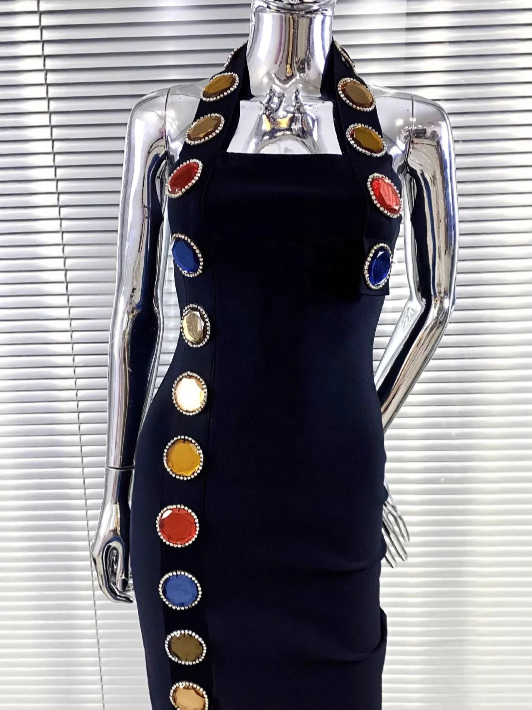 Large Diamond Halter Tight Black Summer Evening Dress