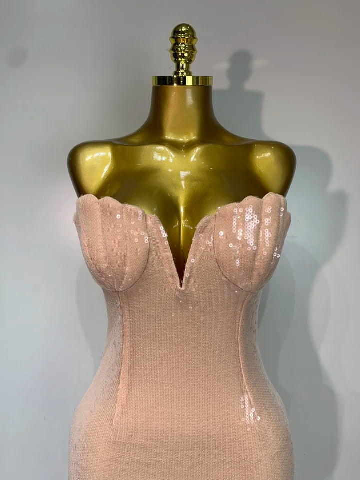 Women Strapless Sequin Bodycon Long Dress
