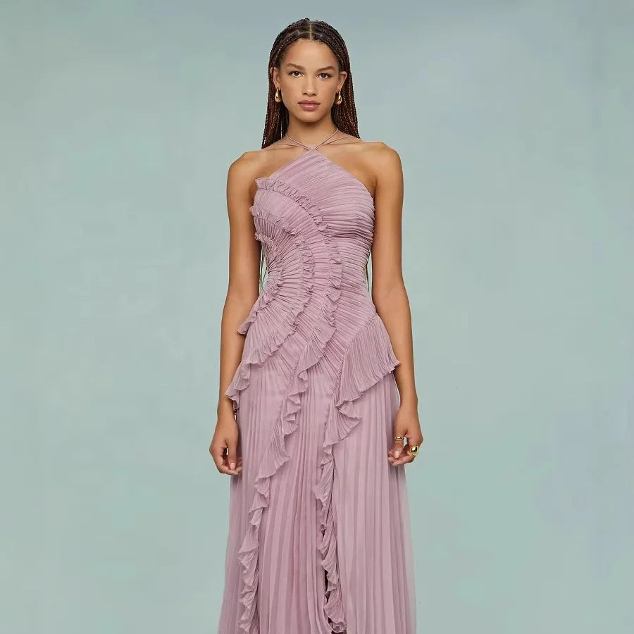 Ruffled Slim Halter Elegant Long Dress