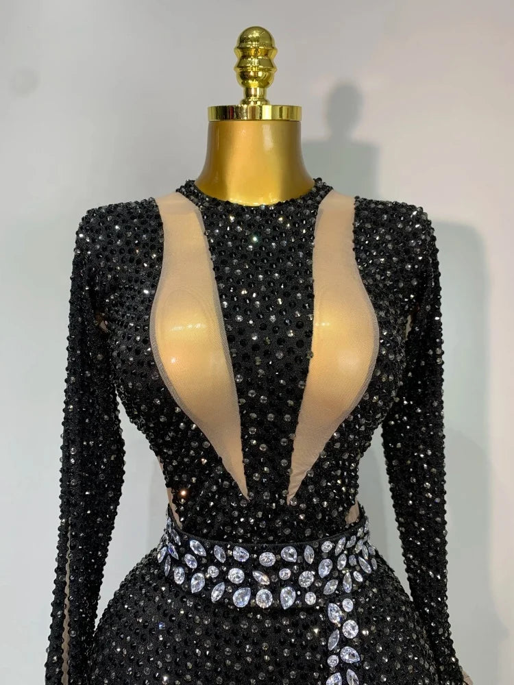 Long Sleeves Bodycon Mesh Black Sparkly Diamond Jumpsuit