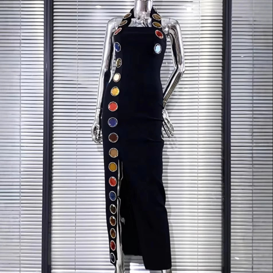 Large Diamond Halter Tight Black Summer Evening Dress