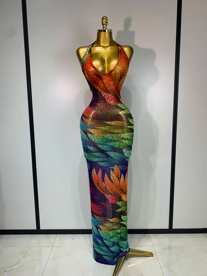 Halter V Neck Backless Sparkly Rhinestones Mesh Dress