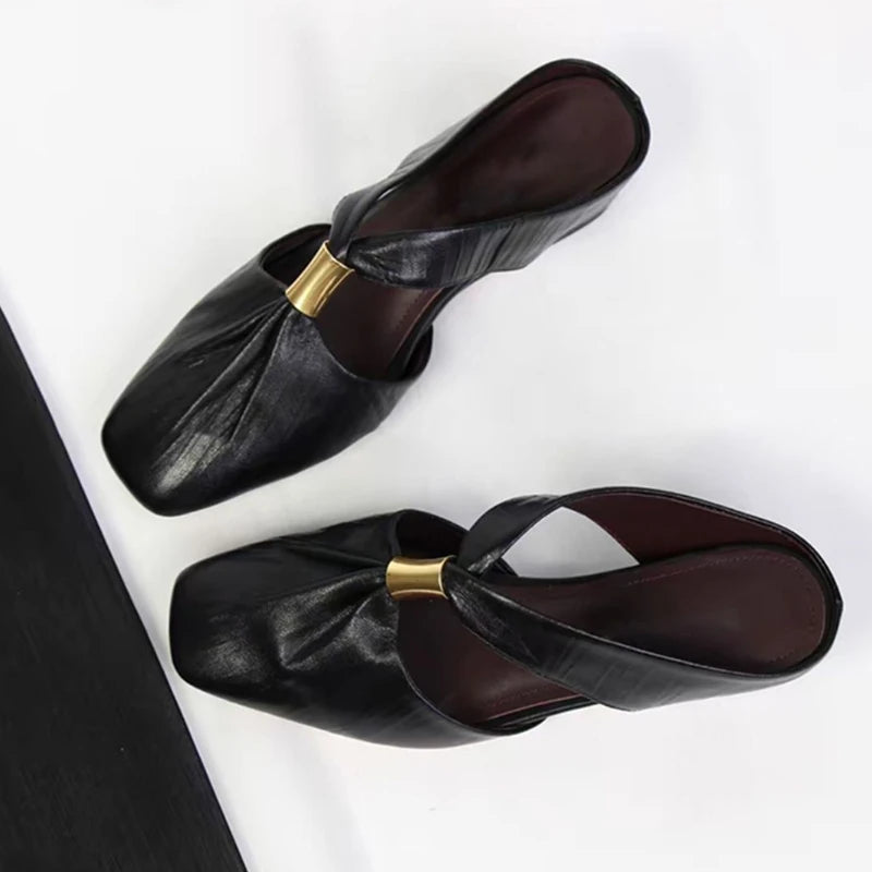 Square Toe Leather Mules Metal Buckle Backless Slipper Sandals
