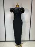 Ruffle Sleeve Beading Bandage Bodycon Long Dress