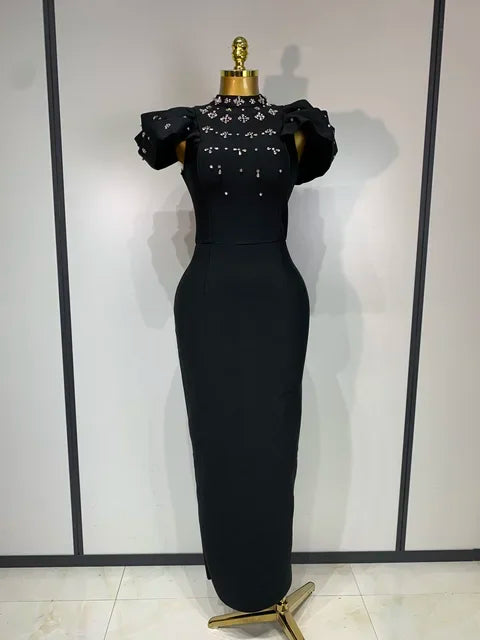 Ruffle Sleeve Beading Bandage Bodycon Long Dress