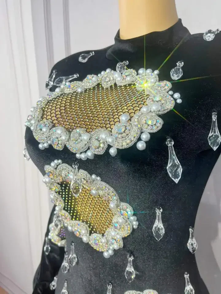 Twinkling Crystals Pendant Trim Fit Velvet Dress