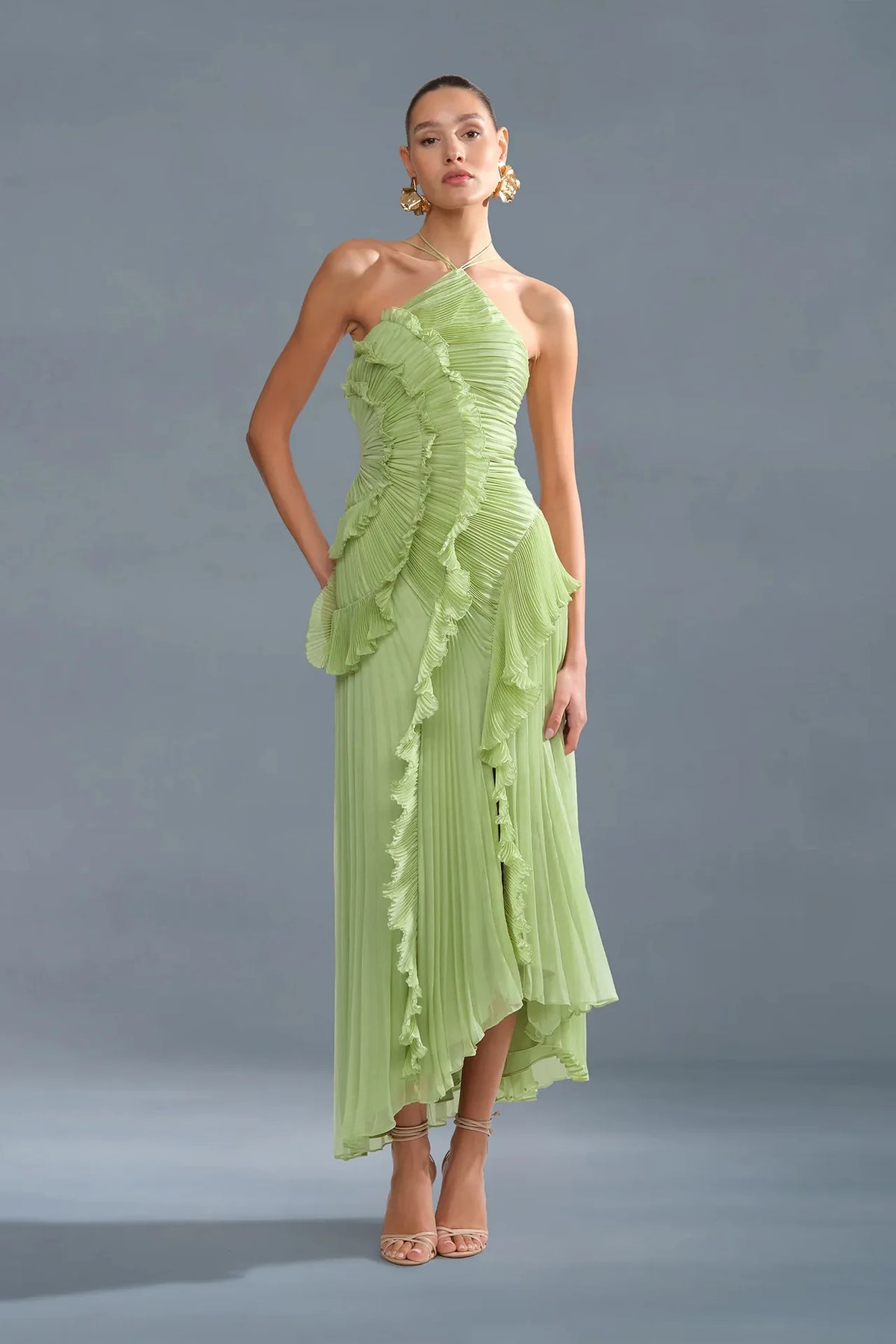 Ruffled Slim Halter Elegant Long Dress