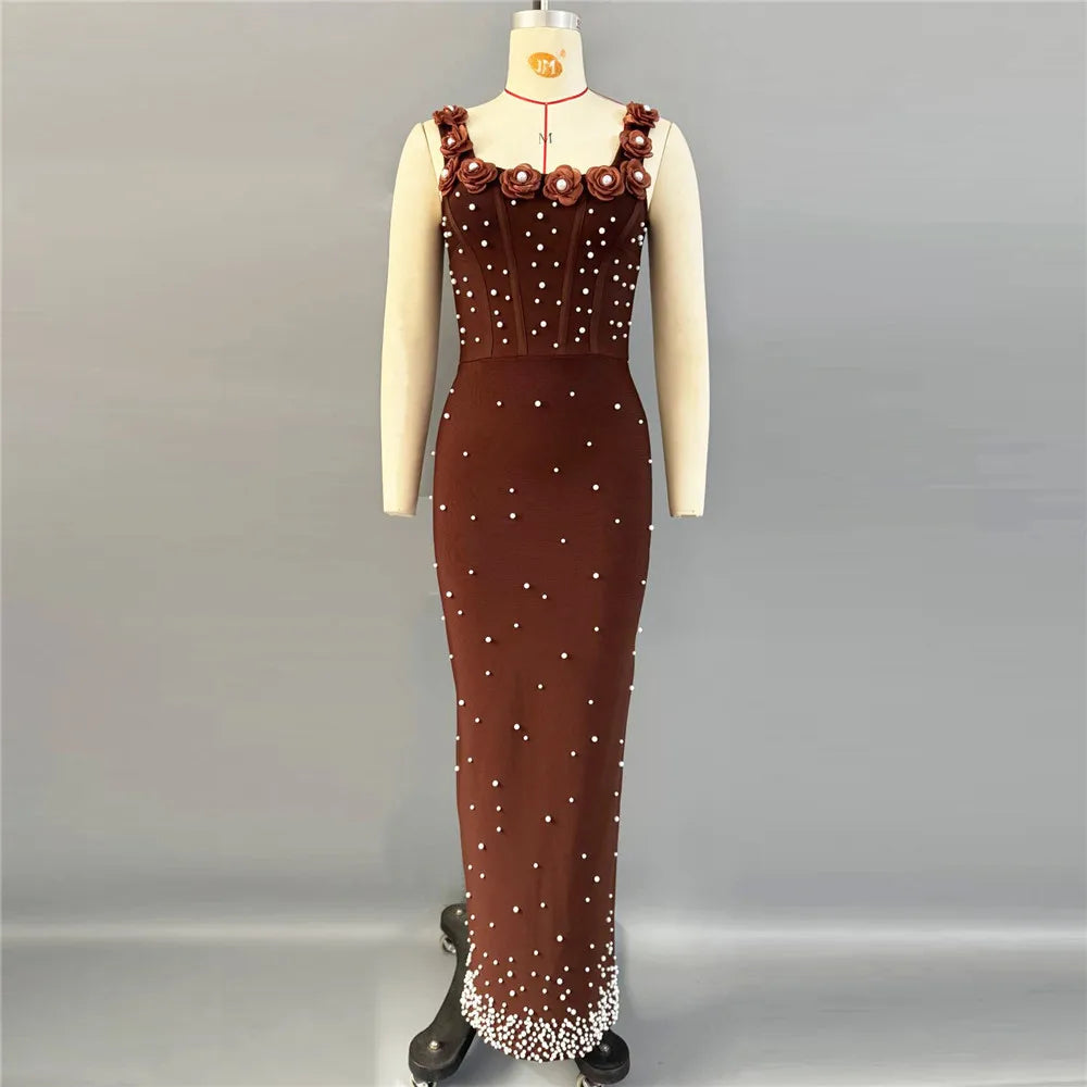 Pearls Embellished  Party Gown Fashion Square Collar Backless  Evening Dress