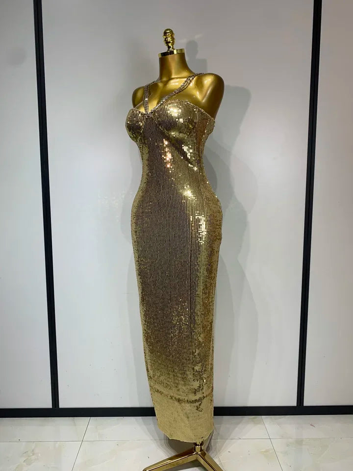 Backless Silver Gold Glitter Sequins Maxi Long Dress Sexy