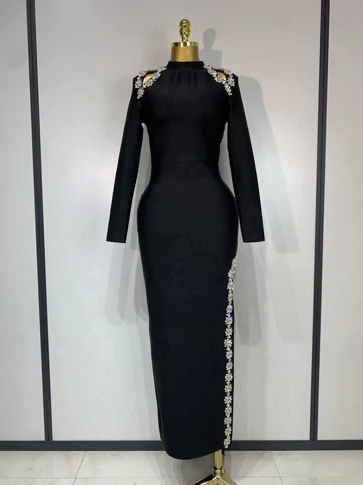 Long Sleeve Shining Crystal High Split Bodycon Long Dress