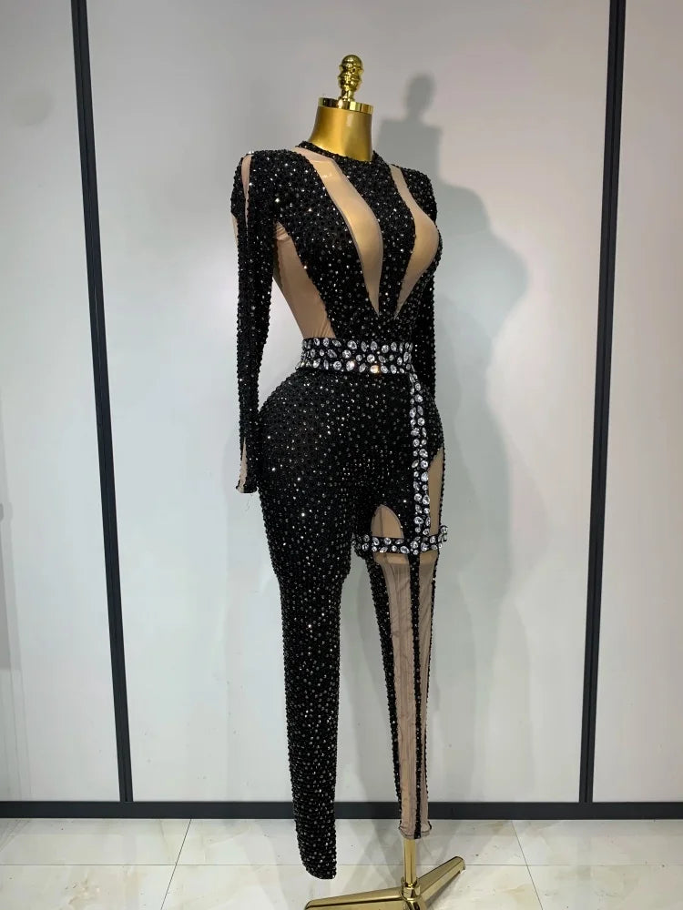 Long Sleeves Bodycon Mesh Black Sparkly Diamond Jumpsuit