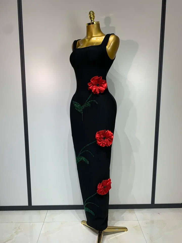 Red Sparkly Diamonds Floral Sleeveless Long Dress