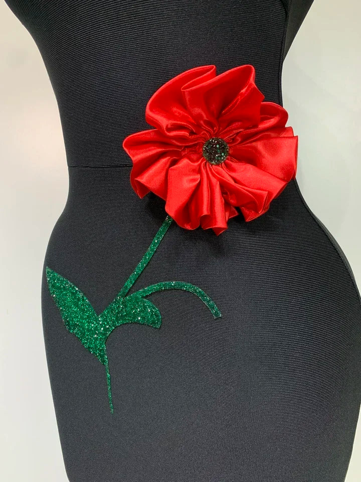 Red Sparkly Diamonds Floral Sleeveless Long Dress