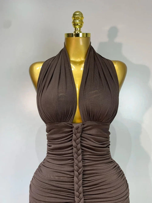 Brown Halter Backless Ruched Long Dress