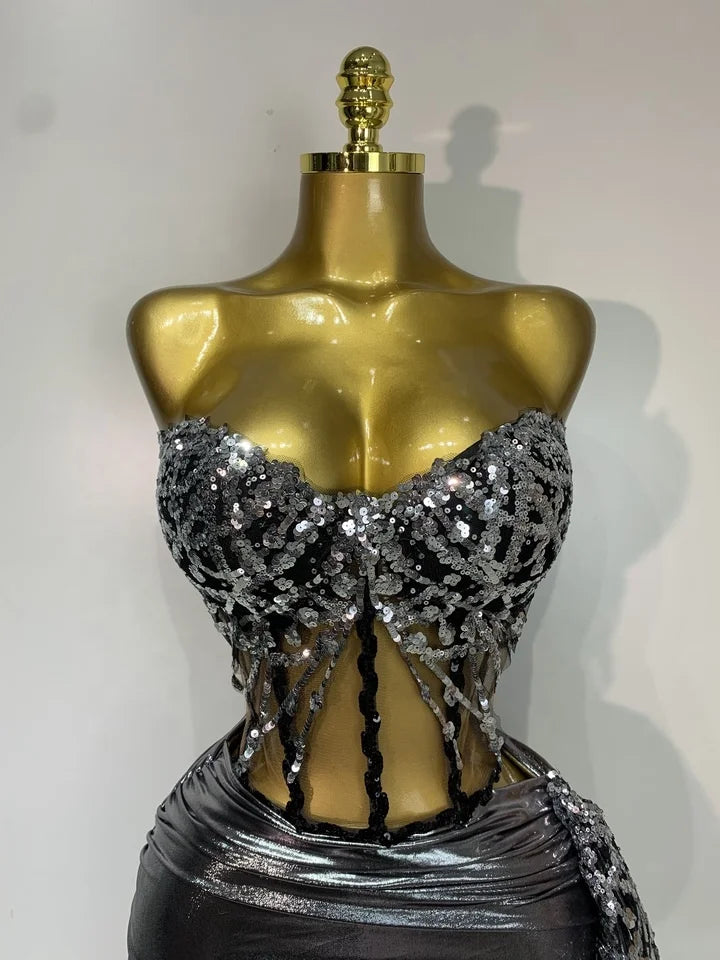Sparkly Sequins Two Piece Set Nightclub Bar Evening Party Luxury Birthday Dress