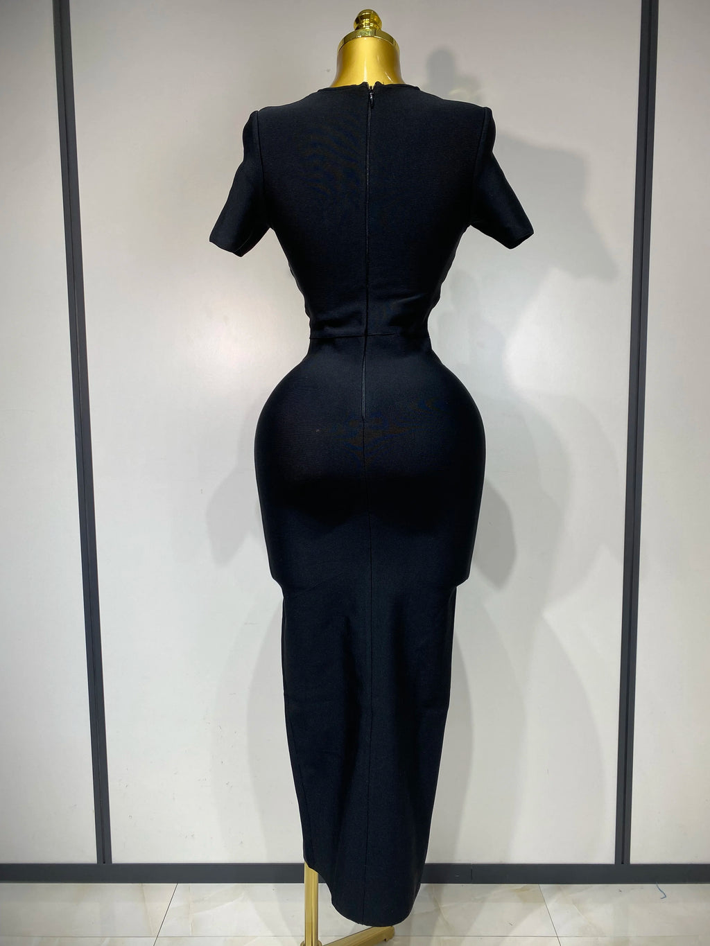 Knitted Black Cut Out Short Sleeve Evening Party Long Dress
