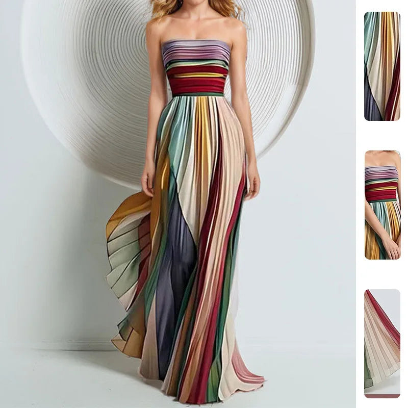 Pleated Printed Long Dress