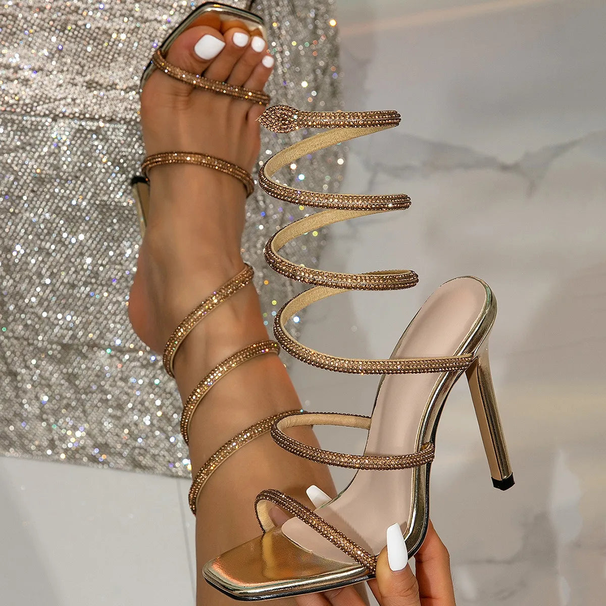 Sparkling Rhinestone Wrapped Stiletto Ankle Wrap Heels