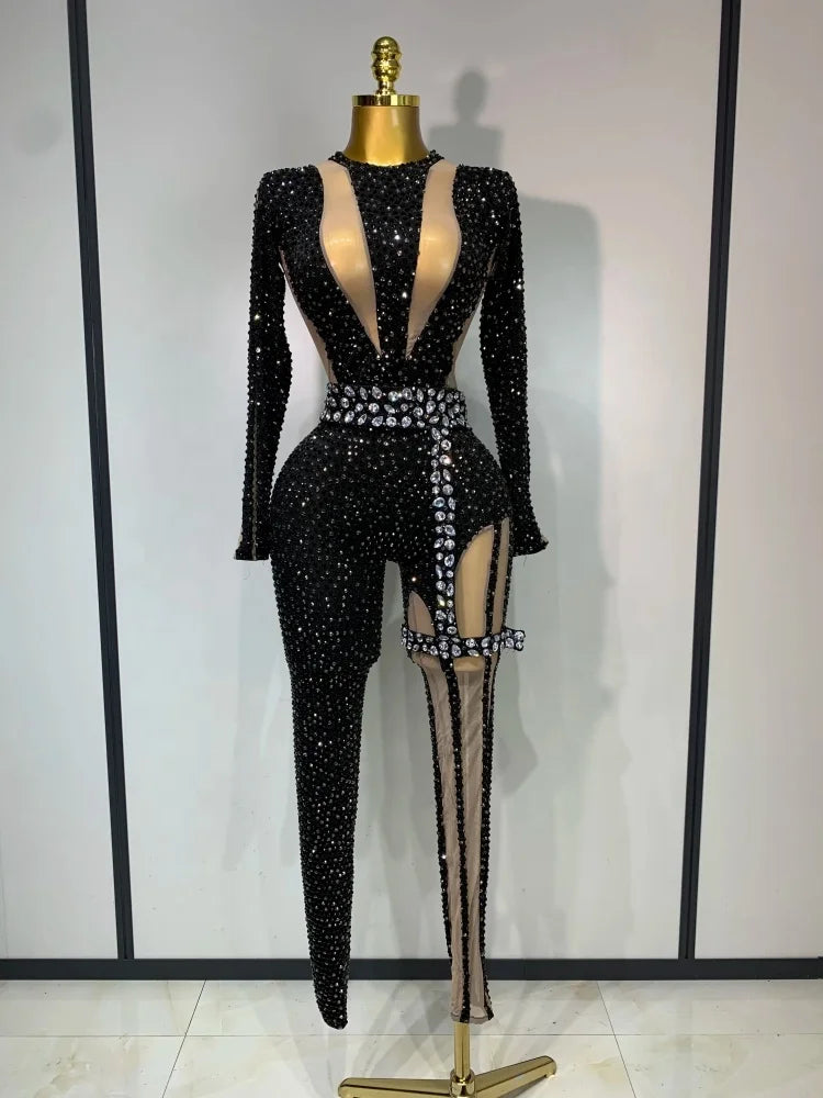 Long Sleeves Bodycon Mesh Black Sparkly Diamond Jumpsuit