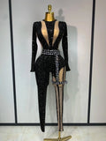 Long Sleeves Bodycon Mesh Black Sparkly Diamond Jumpsuit